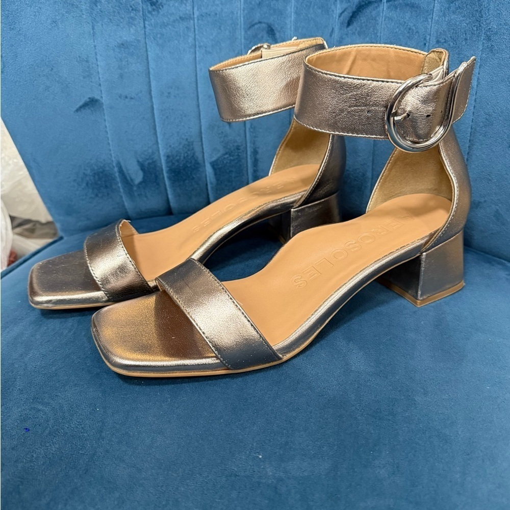 Aerosoles Eliza bronze Metallic Leather Block Heel Sandals Size 10